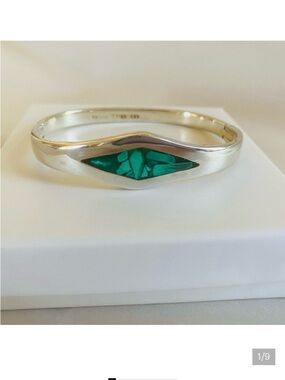Sterling Silver Bracelet Hinged Clasp with Green Turquoise Inlay